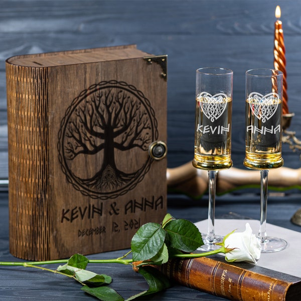 Personalized Champagne Flutes in Engraved  Box  or  Champagne Glasses set  without Wooden  Box - viking wedding  gift Tree of life