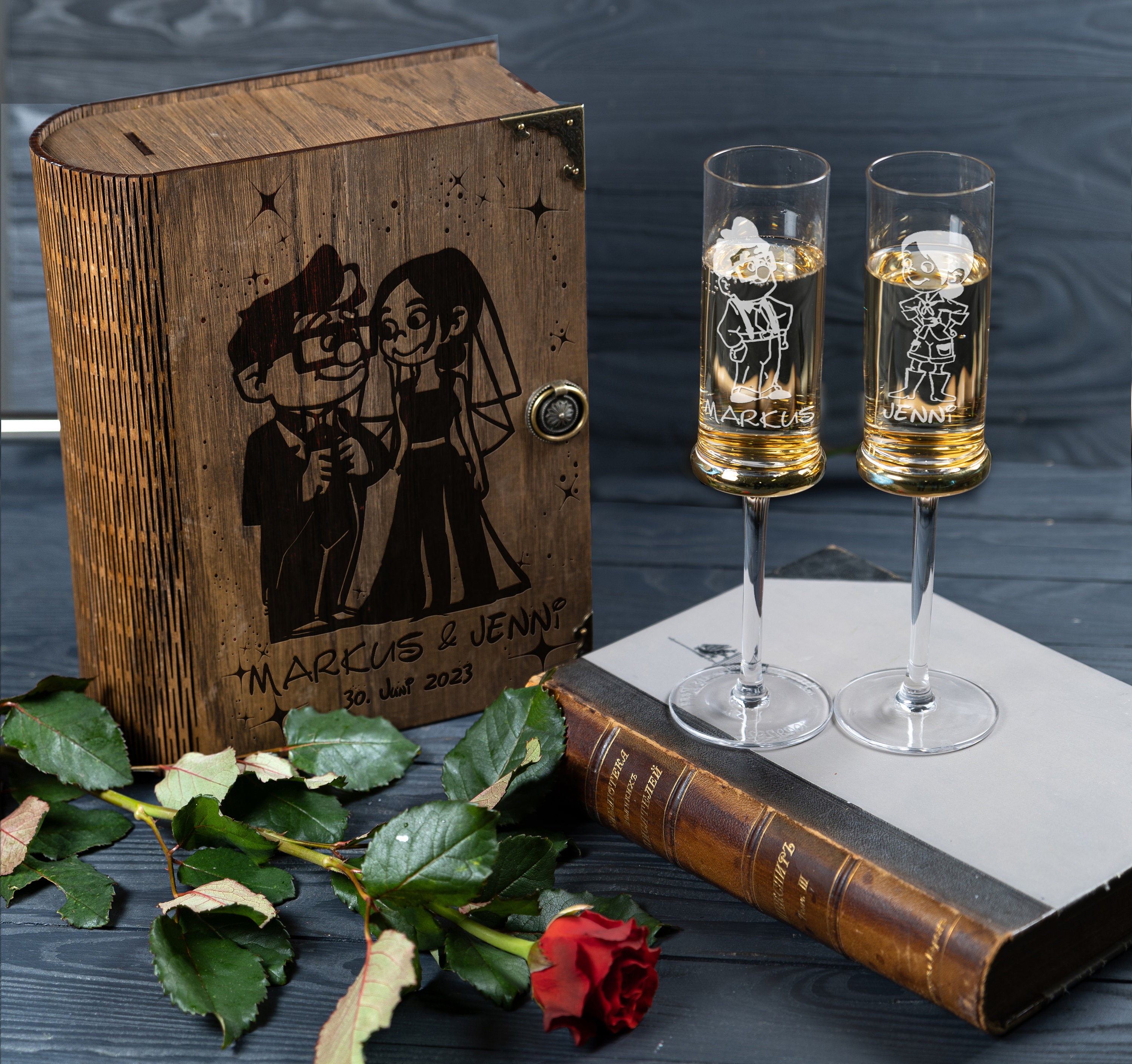 Gepersonaliseerde champagneglazen in gegraveerd hout presentatiedoos of hoger bruiloft champagneglazen zonder rustieke houten geschenkdoos 727/1