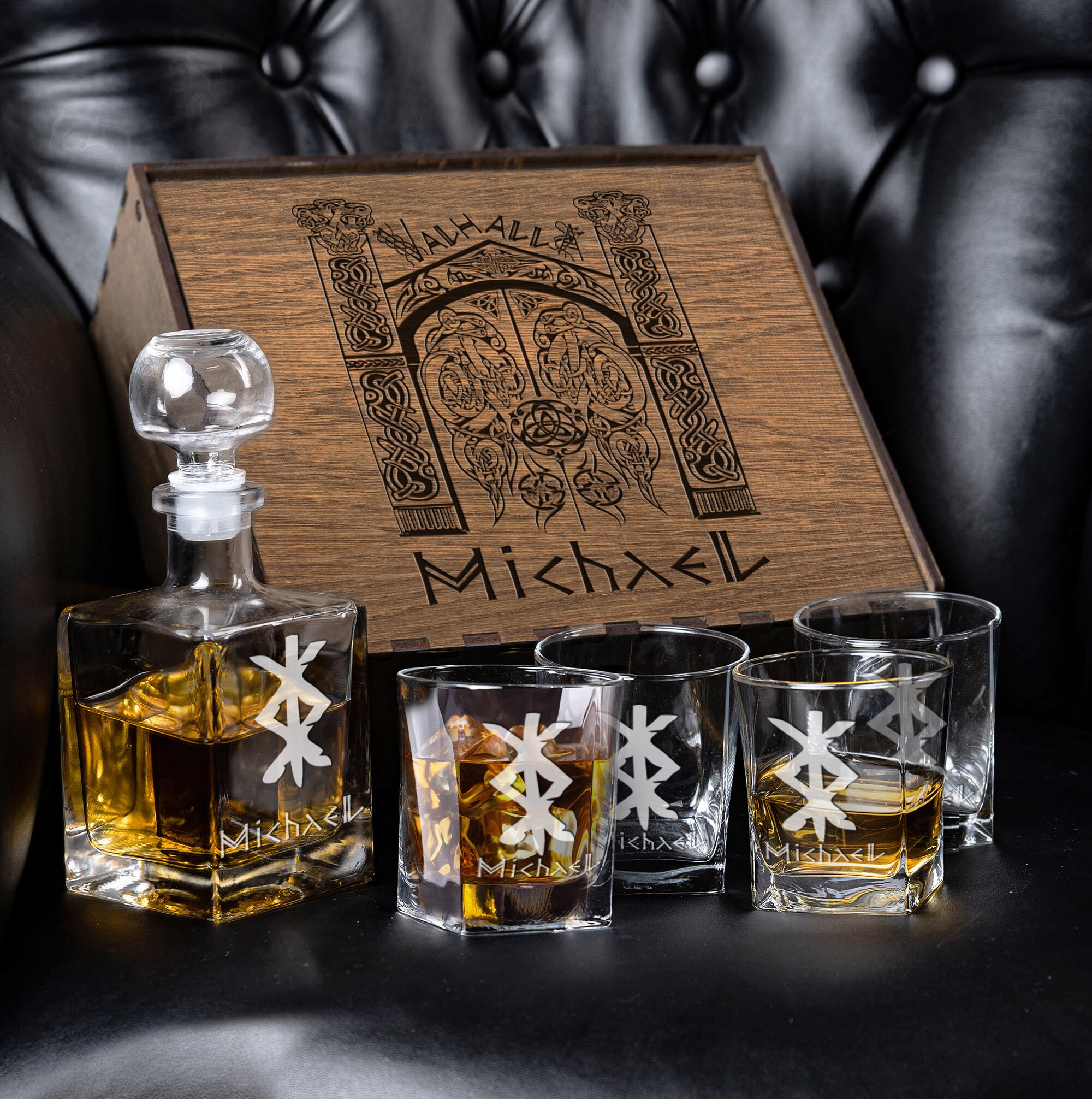 Whiskey Connoisseur's Set Engraved Glass + Decanter in Wooden Box, Personalized Valhala Gate Bar Set, Custom Viking Warrior Whiskey gift set