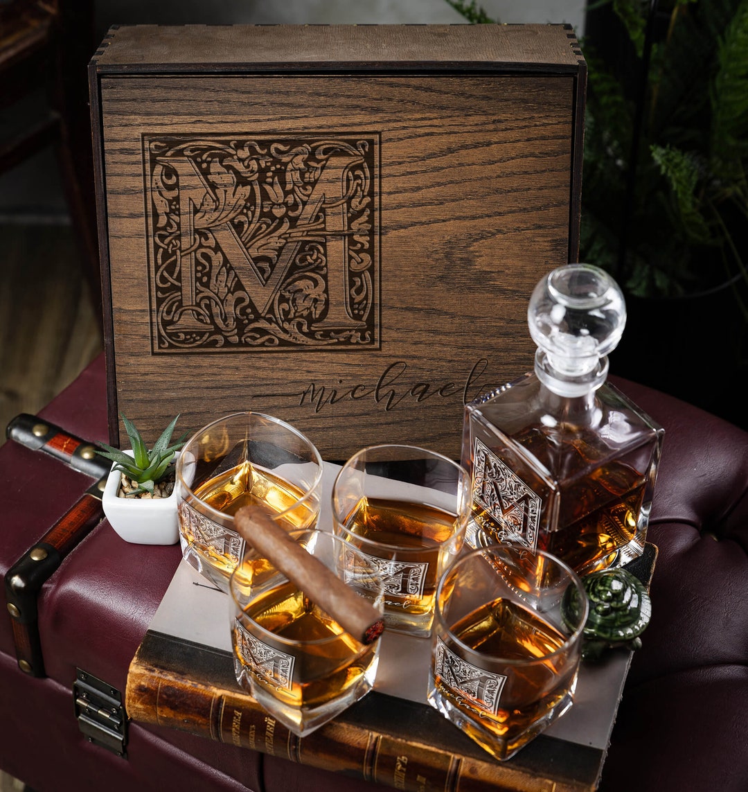 Whiskey Glass and Decanter Set in Personalized Wooden Box - Boyfriend ...