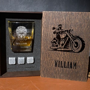 Personalized  motorcycle whiskey gift set - 119/1 - Coaster and glass and 3 whiskey stones in personalized wood box. biker gifts for men