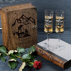 Personalized Mountain Wedding Champagne Flutes with Engraved Wooden Box Champagne Glasses 706