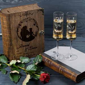 Personalized Wedding Champagne Flutes with Engraved Wood Keepsake Box Princess Wedding 710/1