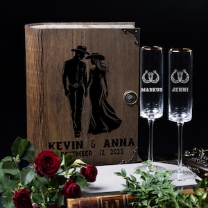 Cowboy Personalized Champagne Flutes in Engraved Wood Presentation Box or Cowboy country Wedding Champagne Glasses without  Keepsake Box