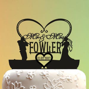 Wedding Cake Topper - 376.1 - hooked love  Wedding cake topper - Mr and Mrs Cake Topper With Surname  cake topper fishing  Wedding topper