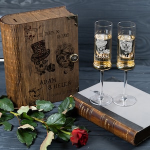 Halloween Wedding Champagne Flutes in Wooden Keepsake Box / or Halloween Wedding Engraved  Toasting Glasses without  Rustic Wood Box 729
