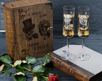 Halloween Wedding Champagne Flutes in Wooden Keepsake Box / or Halloween Wedding Engraved  Toasting Glasses without  Rustic Wood Box 729