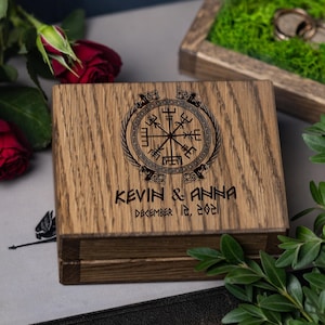 Wedding Ring Box Vegvisir Viking compass Ring Box Rustic Details viking wedding Ring box Viking Inspired Wooden Ring Box with Engraving