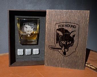 Personalized whiskey gift set   - 54/1 -  Coaster and glass and 3 whiskey stones in personalized wood box.