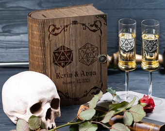 Personalized Champagne Flutes with Engraved Dice Wooden Box, Wedding Gift