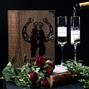 Cowboy Personalized country Champagne Flutes in Engraved Wood Presentation Box or Cowboy Wedding Champagne Glasses without  Keepsake Box