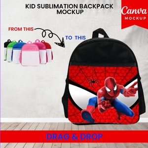 May include: A black sublimation backpack mockup with a red and white Spiderman design. The backpack has a mesh pocket on the front and a zipper closure. The text "DRAG & DROP" is printed in red on a white background at the bottom of the image.