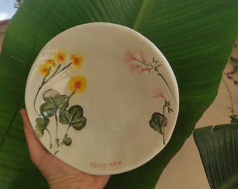 Handmade Ceramic Plate with Imprinted Flowers, Ring Holder Saucers, Ceramic Coasters, Wedding Favors