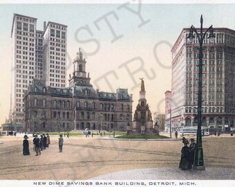Vintage New Dime Savings Bank Building Postcard Print - Detroit Michigan