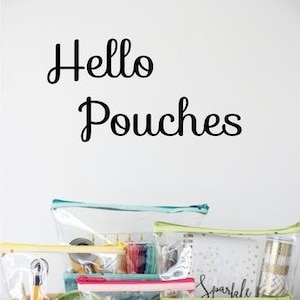May include: Three quilted fabric pouches with clear plastic zippered bags inside. The pouches are yellow, pink, and green with a polka dot pattern. The bags contain various craft supplies. The text "Hello Pouches" is at the top of the image. The text "Knot + Thread Design" is at the bottom of the image.