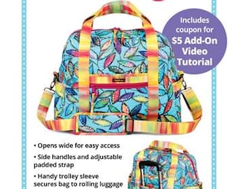 May include: A blue travel bag with a colorful leaf pattern, featuring yellow and red accents. The bag has a shoulder strap and handles. Text on the image reads "Ultimate Travel Bag 2.0" and "The perfect travel companion!"