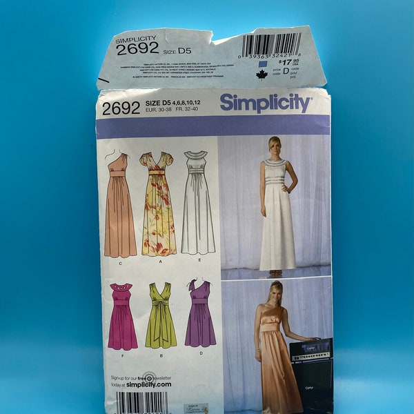 Simplicity 2692 - Formal Dress -  -Two Lengths - 3 Versions - A Paper pattern - Size D5 4,6,8,10,12 - uncut - great condition