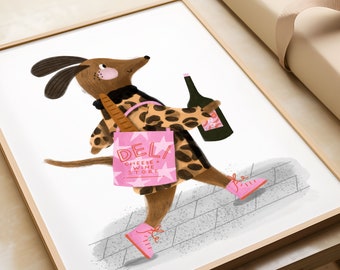 A4 Dog leopard print fashion, wine, deli tote bag Illustration Art Print