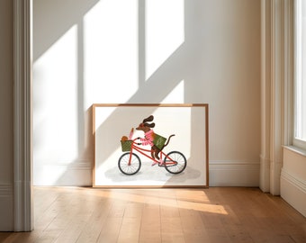 A4 Dog bike, bakery Illustration Art Print