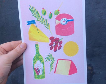 A5 cheese and wine Risograph print
