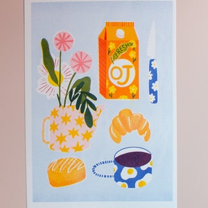 Morning coffee and pastry Risograph A4 print