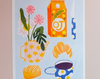 Morning coffee and pastry Risograph A4 print