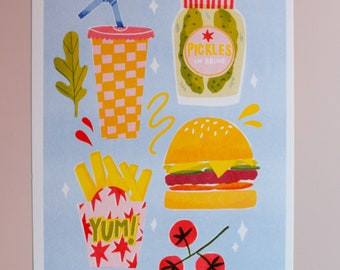 Burger and fries fast food Risograph A4 print