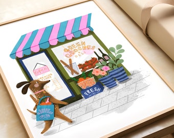 A4 Dog greengrocers, shopping Illustration Art Print