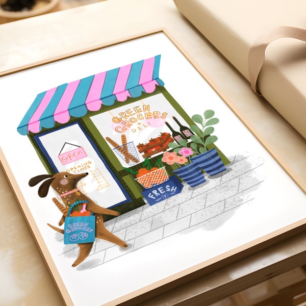 A4 Dog greengrocers, shopping Illustration Art Print