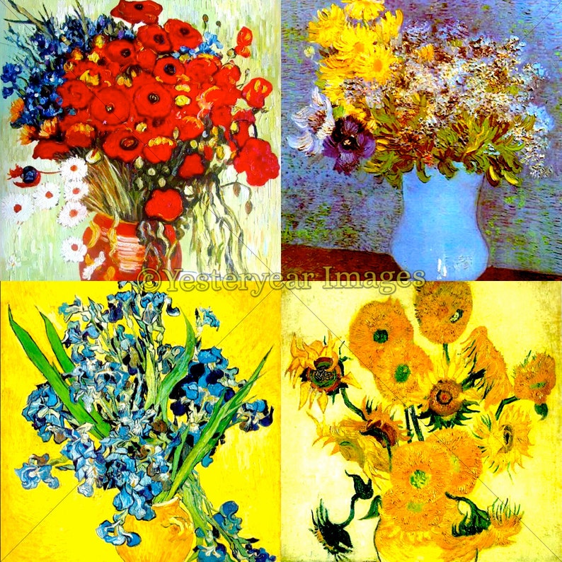 Printable Digital Images Collage Sheets Vincent Van Gogh FLOWERS Paintings 3 PNG Files 4x4-2x2-1x1 Instant Download