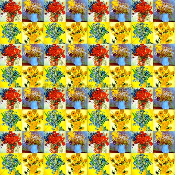 Printable Digital Images Collage Sheets Vincent Van Gogh FLOWERS Paintings 3 PNG Files 4x4-2x2-1x1 Instant Download