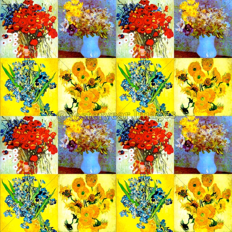 Printable Digital Images Collage Sheets Vincent Van Gogh FLOWERS Paintings 3 PNG Files 4x4-2x2-1x1 Instant Download