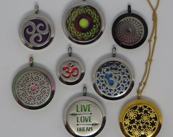 Essential Oil with diffuser Necklace: Sunflower, 4 Winds, Stars, Om, Swirl, Live, Love, Dream, Dots