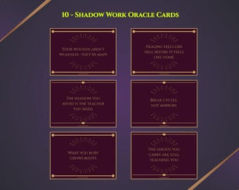 May include: A set of ten Shadow Work Oracle Cards. Each card features a burgundy background with gold borders and text. The cards have inspirational quotes such as "Your wounds aren't weakness - they're maps."