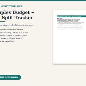 Pode incluir: Um modelo digital intitulado Couples Budget + Bill Split Tracker com fundo creme claro e texto verde escuro. Apresenta uma lista de funcionalidades, incluindo o separador Settle Up, opções de divisão, contas partilhadas e compatibilidade Excel.