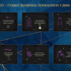 May include: A set of 20 Cursed Blessings affirmation cards. Each card features a black background with purple illustrations and text. The cards have various designs, including a skull, a cage, a throne, and other symbols.
