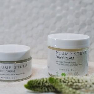 May include: Two white jars of face cream with the label "PLUMP STUFF" on them. The smaller jar is labeled "NIGHT CREAM" and the larger jar is labeled "DAY CREAM".