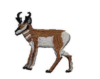 Iron on Pronghorn: 4.75 (L) x 5 (H - front antler to foot) x 1.5 (W-width of body)