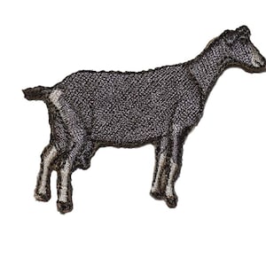 May include: Embroidered iron-on patch of a black goat standing on all four legs. The goat is facing to the right. The patch is suitable for clothing, bags, or other fabric items.