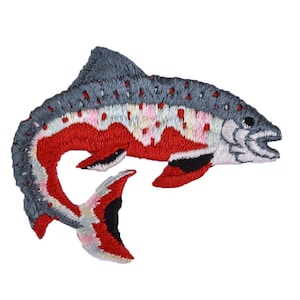 May include: Embroidered iron-on patch of a red and grey salmon with white spots. The salmon is jumping out of the water with its mouth open.