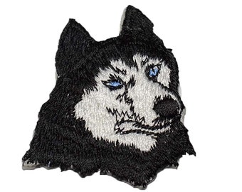 Iron on Siberian Husky: black with blue  2.25" (L) x 2.75" (H)