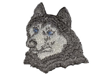 Iron on Siberian husky: silver with blue 2.25" (L) x 2.75" (H)
