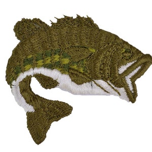 May include: Embroidered patch of a green and white bass fish. The fish is facing right and has a white belly and green scales.