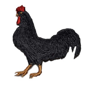 May include: Embroidered patch of a black rooster with a red comb and wattle. The rooster's legs are brown, and the patch is on a white background. The patch is likely for clothing or accessories.