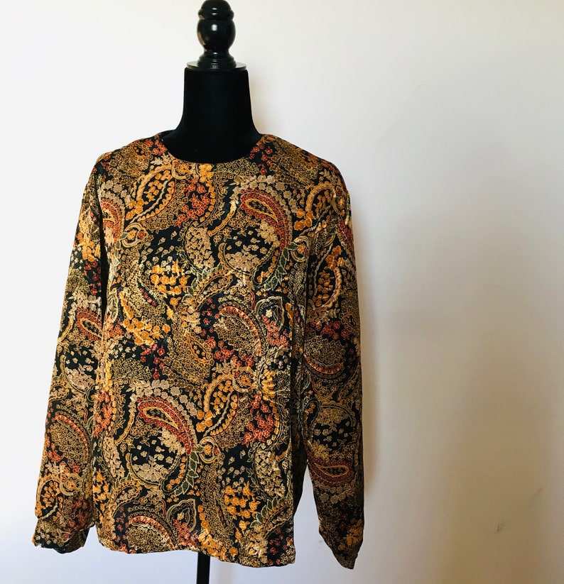 90S PAISLEY BLOUSE black gold large scarf vintage blouse