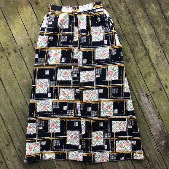 70s quilted maxi skirt vintage patchwork print sma