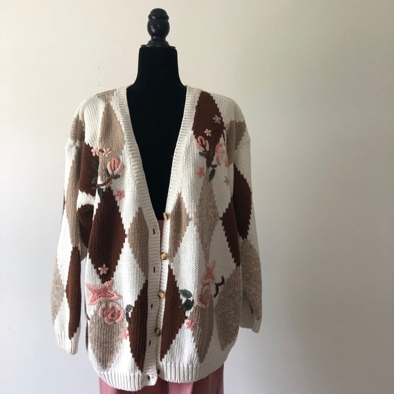 Oversized harlequin floral cardigan pink brown whi