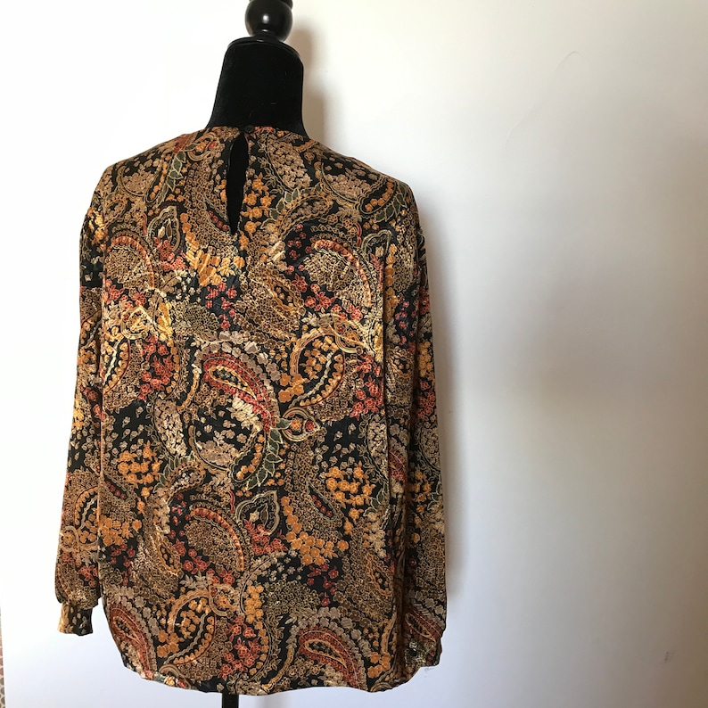 90S PAISLEY BLOUSE black gold large scarf vintage blouse