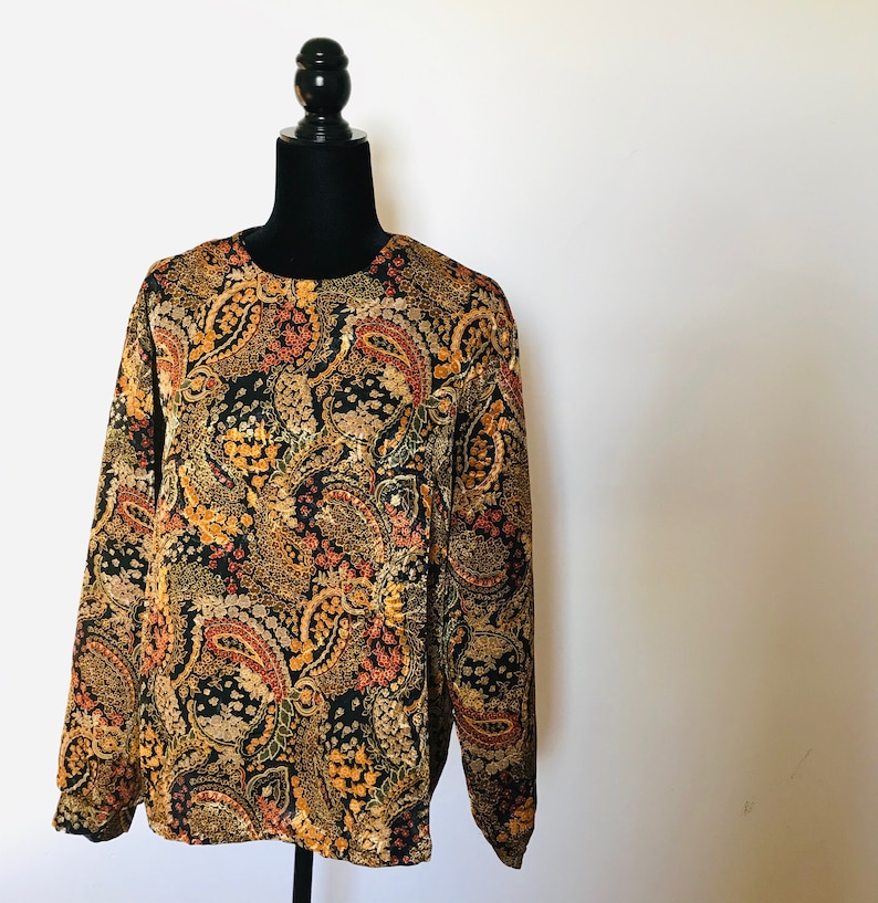 90S PAISLEY BLOUSE black gold large scarf vintage blouse