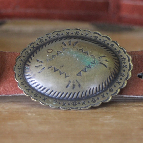 1980s vintage concho leather belt with brass decor, great patina (28/29)